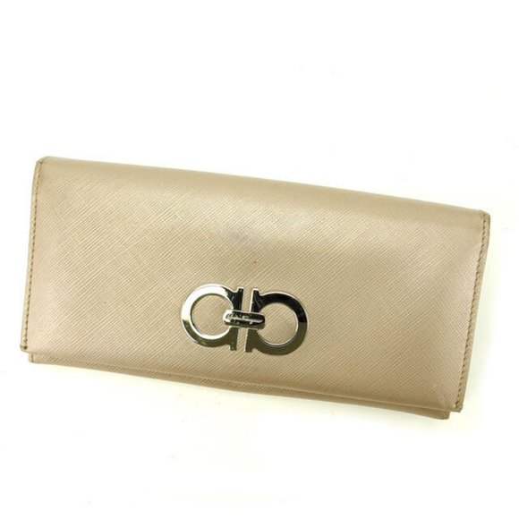 Salvatore Ferragamo Wallet Ganchini Beige Silver Woman Authentic Used